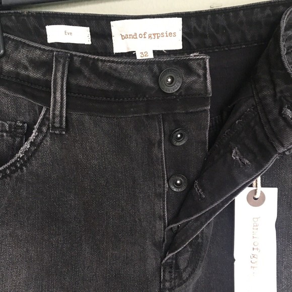 Band of Gypsies Denim Mini Skirt Women’s 32 Button Fly Raw Hem Pockets Y2K Boho - Picture 7 of 11